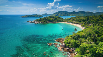 Tropical bay aerial view with turquoise water and lush foliage