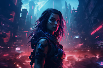 A cyberpunk-style female warrior in a neon-lit dystopian city