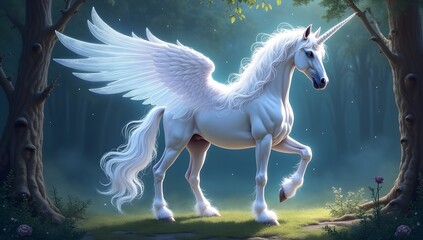 A majestic unicorn with large, graceful wings stands in a mystical forest clearing, surrounded by soft, glowing light. The creature's gleaming white coat and elegant pose create a magical atmosphere