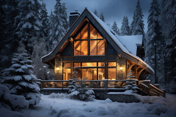A cozy winter cabin in the mountains surrounded by snow-covered trees
