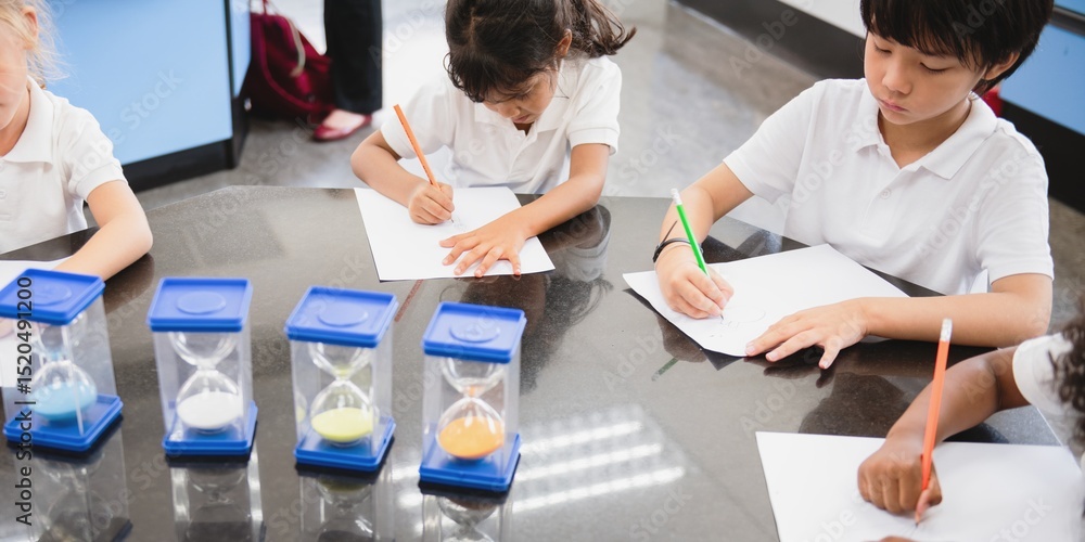 Poster Children student in classroom drawing. Students learning science in classroom. Science classroom with students focusing on drawing and learning from hourglass. Kids learning science. Education concept