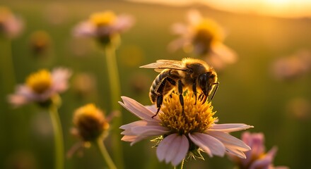 Honeybee Pollinating Flower at Golden Hour