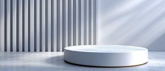 Minimalist white round podium in a modern, light-filled room with vertical wall panels and concrete floor.