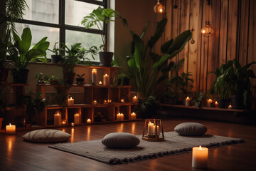A serene meditation space with candles, plants, and a yoga mat