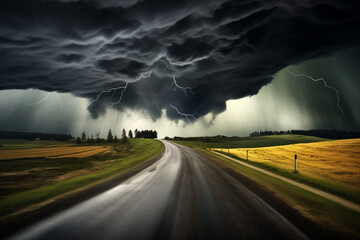 A dramatic stormy sky over an open road in the countryside