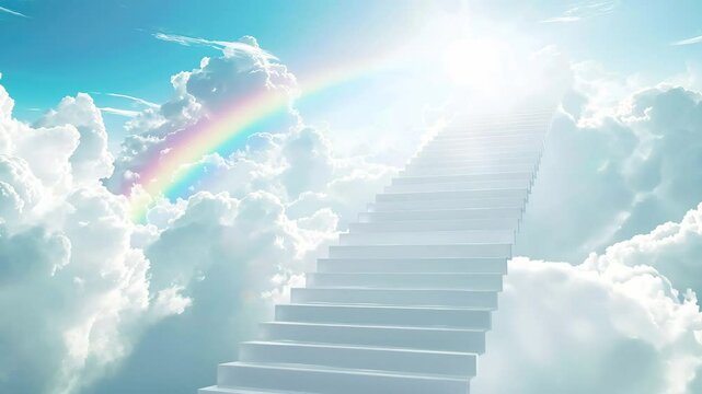 美しい虹がかかった空へと続く階段