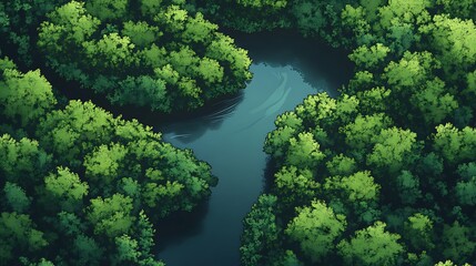 Lush forest canopy with a winding river.