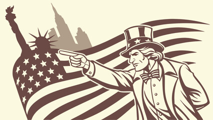 Uncle sam points forward with statue of liberty and city skyline in the background illustration © Hamza