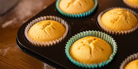 Freshly baked cupcakes in a tray, golden and fluffy. Cupcakes in paper liners, ready to enjoy. Delicious cupcakes, perfect for a sweet treat. Baked cupcakes in a tray in a kitchen.