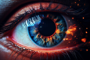 A close-up shot of a detailed human eye with reflections of a galaxy 