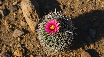 Blooming Desert Cactus with Pink Flower in Arid Landscape