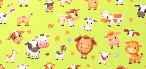 Adorable cartoon farm animals in a repeating pattern against a fresh green background,  kitten,  farm