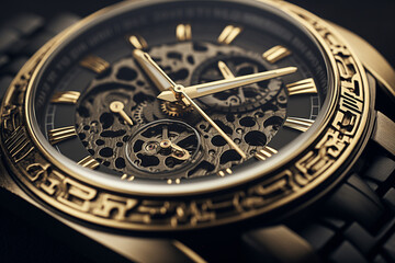 A close-up shot of a black and gold luxury watch with elegant details 