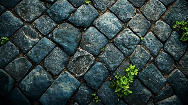 Dark grey cobblestone pavement with small green plants sprouting between the stones
