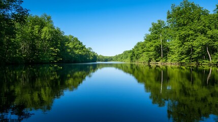 Tranquil lake reflecting lush green trees under a clear blue sky.