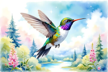Fototapeta premium Vibrant watercolor style hummingbird in blooming forest landscape with soft pastel sky. side view