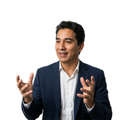 Confident Hispanic businessman in a suit speaking and gesturing, isolated on a transparent background. Professional male presenter giving a talk.