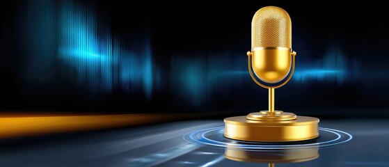 A golden vintage microphone stands on a podium with a futuristic blue and black background, evoking audio and broadcasting themes.