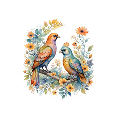 Obraz premium Colorful watercolor birds on floral branch hand drawn botanical illustration on white background. Abstract hand painted birds with flowers
