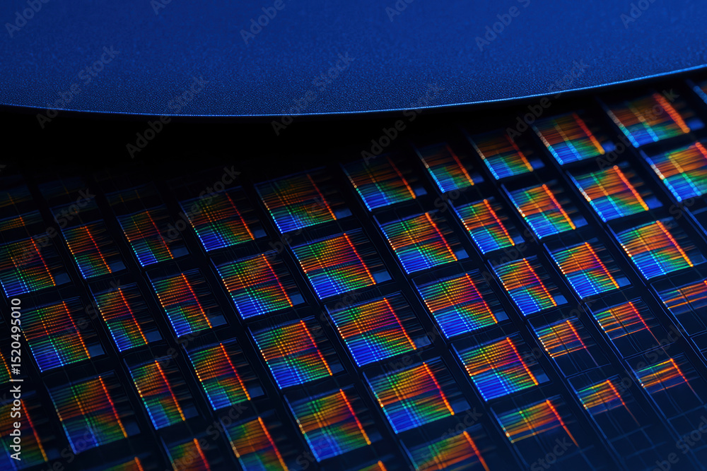 Poster semiconductor wafer with microchip patterns reflects light in industry production process of advance
