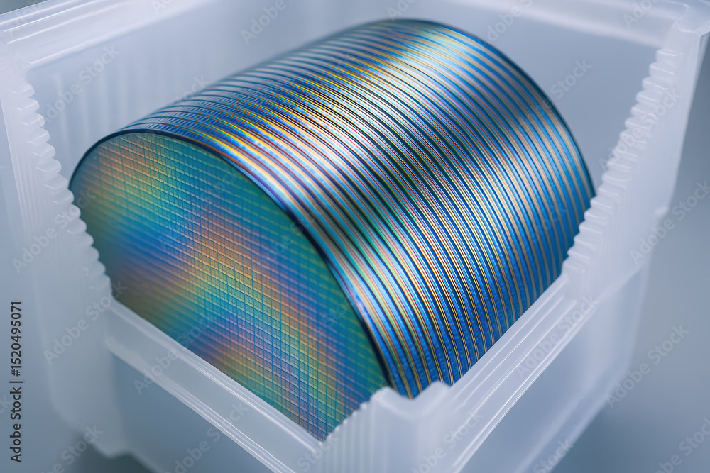 Poster semiconductor wafer stack in protective container used in industry for production of microchips and 