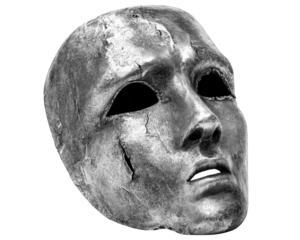 Unique and artistic mask with weathered, metallic finish, showcasing intricate details and haunting expression. This mask can be used for theatrical performances or as decorative piece