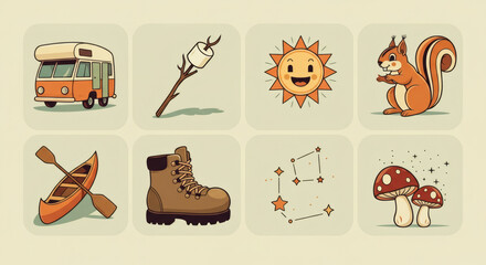 Fototapeta premium Vintage Camping Illustrations Retro Campervan, Hiking Boots, Squirrel, and More
