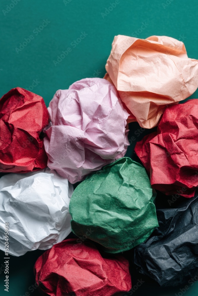 Poster crumpled colored paper balls with textured wrinkles on green background - abstract creativity and su