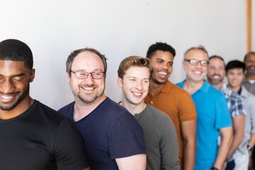 A diverse group of men standing in line voting in US election. Voting in election day, diverse...