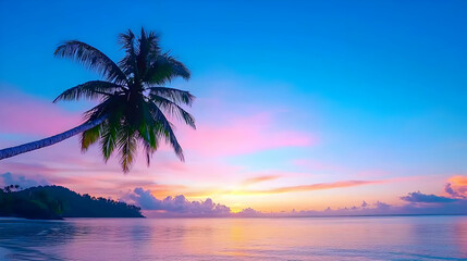 Tropical Sunset Beach Scene With Palm Tree Silhouette