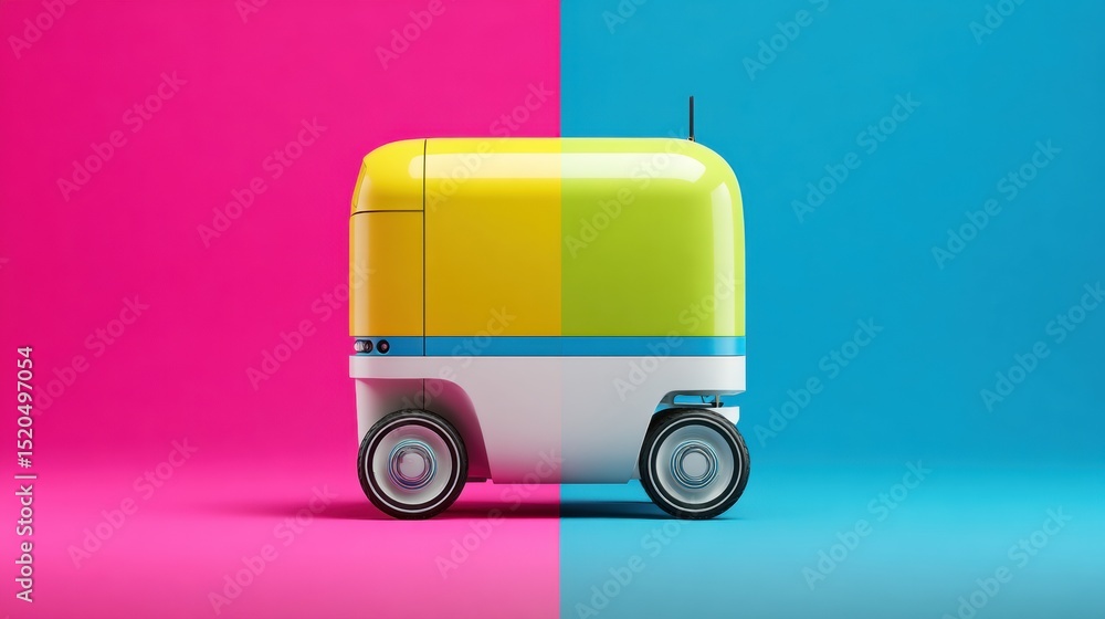 Poster Compact autonomous delivery robot with sleek modern design and navigation sensors on vibrant split-color background for innovative logistics marketing