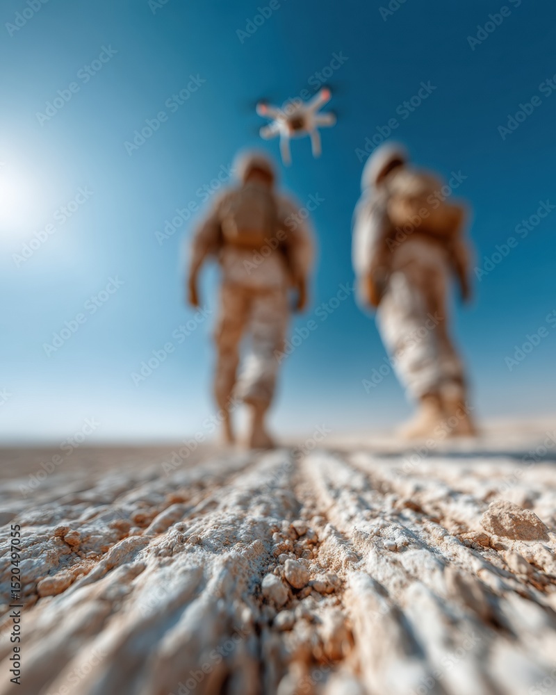Poster military personnel operating reconnaissance drone in desert tactical environment for advanced cyber 