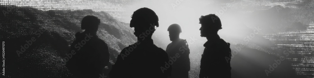 Poster cyber warfare silhouettes with digital battlefield overlay and tactical data streams for cybersecuri