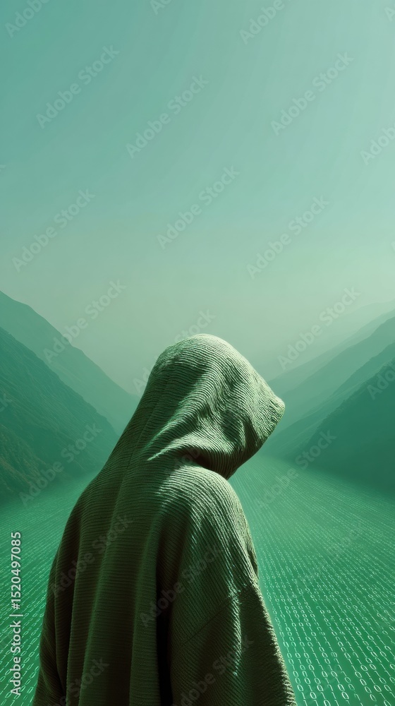 Poster Hooded Figure in Digital Binary Landscape Representing Crypto Anonymity and Cybersecurity Awareness Amid Futuristic Blockchain Environment