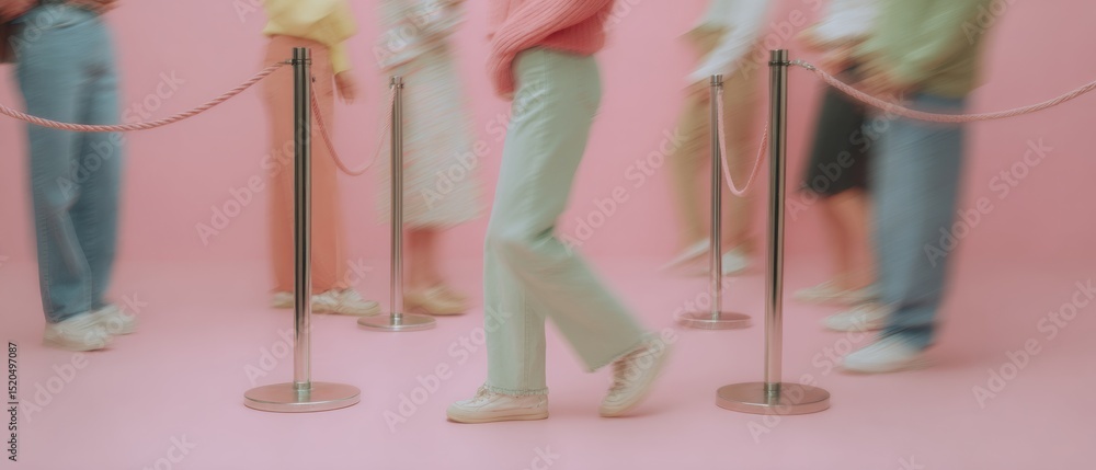 Poster Modern Crowd Control with Stainless Steel Barriers and Organized Queue in Minimalist Pink Setting for Efficient Visitor Flow and Public Access Management