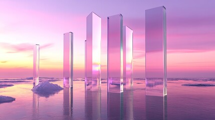 Transparent Pillars Reflect Sunset Over Dreamy Seascape