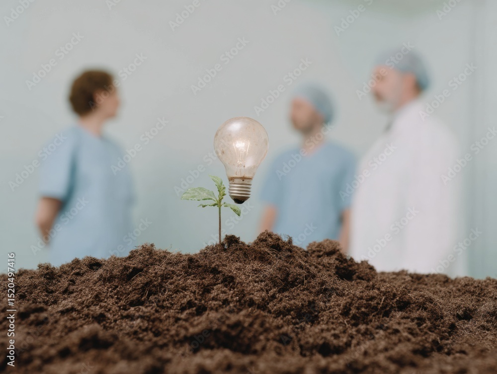 Poster sustainable innovation concept with lightbulb and seedling symbolizing eco-friendly growth and renew