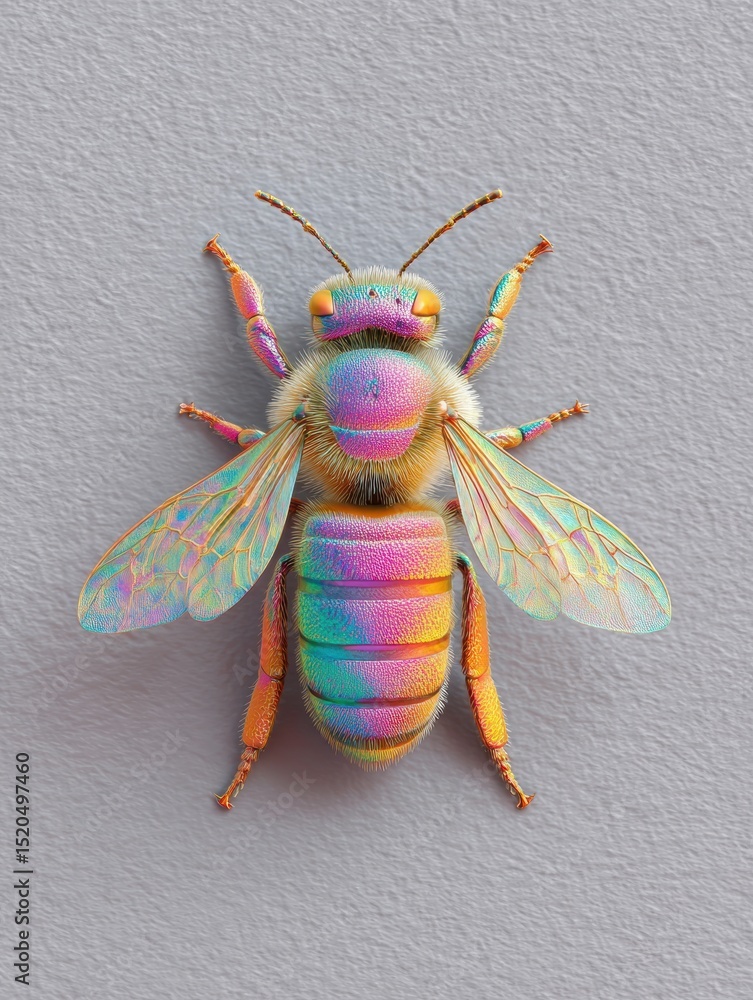 Poster Iridescent Bee Macro Close-Up on Neutral Background with Vibrant Colors Highlighting Wing Patterns and Textures for Nature and Environmental Awareness