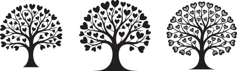 Fototapeta premium Trio of Heart Leaf Love Trees – Black Silhouette Vector Illustrations