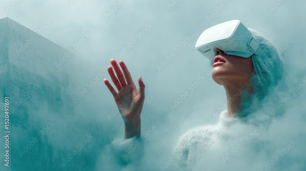 Poster futuristic social robot wearing vr headset immersed in virtual reality space with digital avatars - 