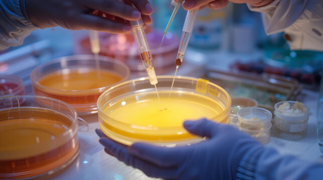 technician working with petri dishes in the lab Hand holding inoculation loop deposits sample in petri dish