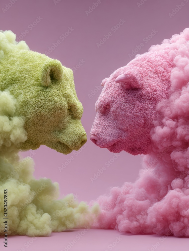 Poster vibrant plush bear and bull face-off in colorful clouded battle scene modern investment conflict con
