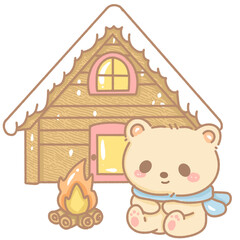 Cute kawaii bear sitting in front of a cozy cabin in the wood with a bonfire Hand-drawn with pastel fall colors, perfect for stickers, cards, planners, and seasonal crafts. Transparent background