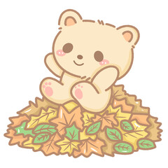 Cute kawaii bear sitting on a pile of autumn leaves. Hand-drawn PNG with pastel fall colors, perfect for stickers, cards, planners, and seasonal crafts. Transparent background included.