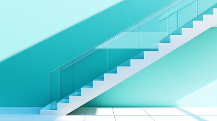 Obraz premium White stairs with a glass railing against a mint green wall.