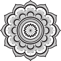 Symmetrical Mandala with Petal Layers &ndash; Black and White Floral Line Art Vector