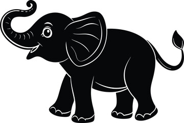 Cute Elephant Silhouette, Black Vector Illustration of a Smiling Baby Elephant with Raised Trunk