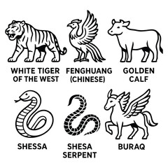 Sacred Mythical Animals Icons – Divine Creatures Black and White Set