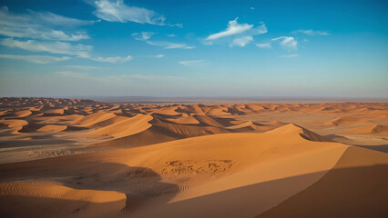 A breathtaking view of rolling sand dunes highlighted by the sun, with a picturesque blue sky offering a serene desert experience.