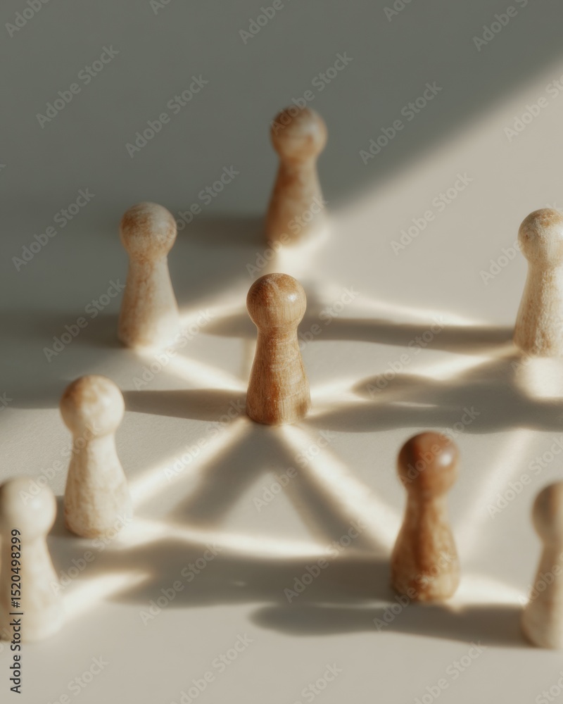 Aufkleber strategic alliance network with wooden figurines connected by illuminated lines on board representin